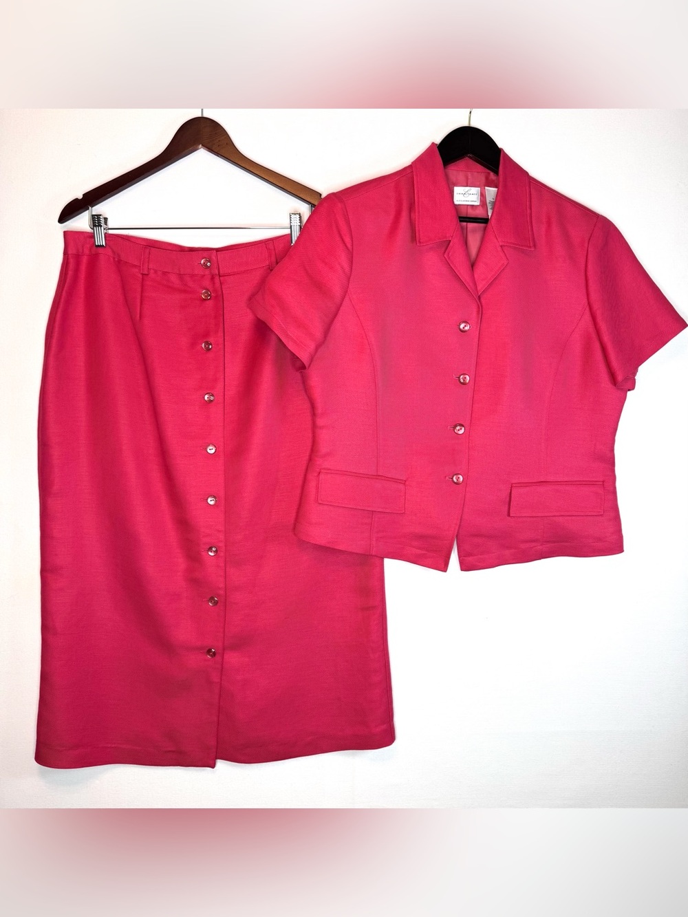 Emma James 2 Pc Midi Skirt Suit pink linen blend sz 14 careerwear short sleeve